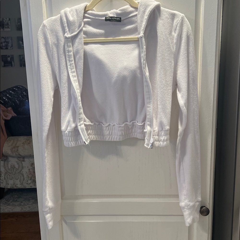 Naked Wardrobe White Terry Cloth zip up crop hoodie